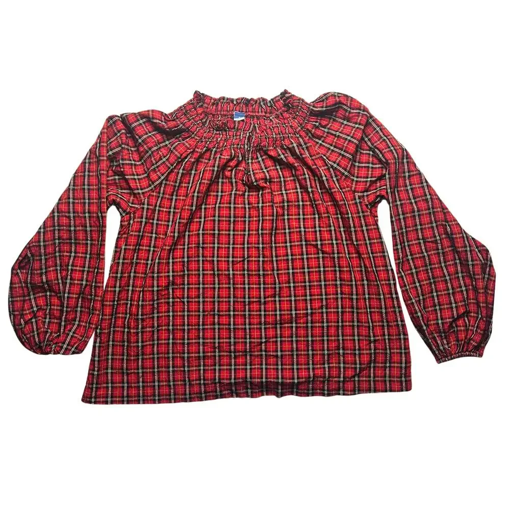 Red Black Tartan Plaid Off Shoulder Puff Sleeve Blouse M Cottagecore Prairie